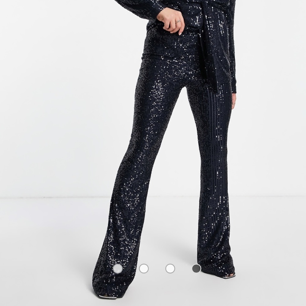ASOS Navy Blue Sequin High Waist Flare Pants‎ 14